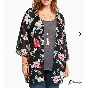 Floral Print Lace Trim Kimono